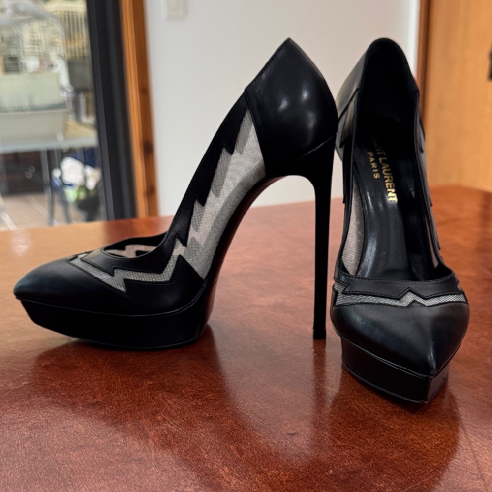 Saint Laurent Paris Black Leather Pointed Toe Platform Pumps Mesh insert